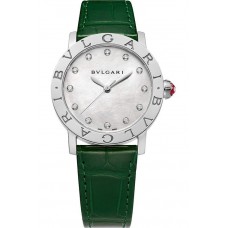 BVLGARI BVLGARI STEEL WHITE MOTHER OF PEARL DIAMONDS INDEXES GREEN ALLIGATOR STRAP 33MM - 102746