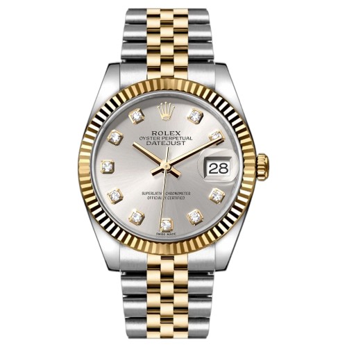ROLEX DATEJUST 36 STEEL & YELLOW GOLD SILVER DIAL DIAMOND FLUTED JUBILEE - 116233