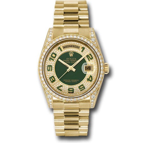 ROLEX DAYDATE 36 YELLOW GOLD GREEN PAVE DIAL DIAMONDS (2008) - 118388
