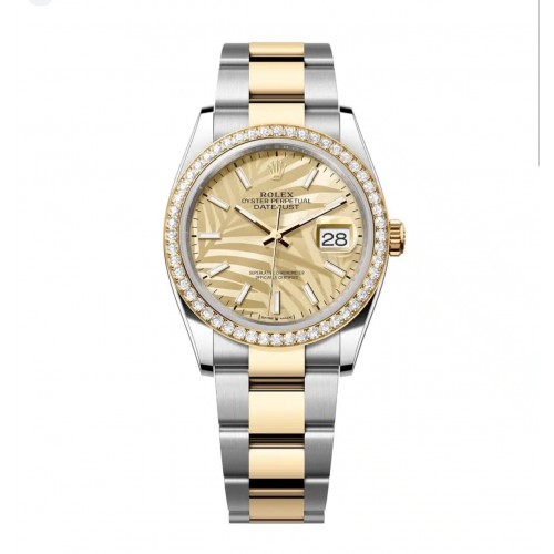 ROLEX DATEJUST 36 STEEL & YELLOW GOLD CHAMPAGNE PALM MOTIF DIAL DIAMONDS BEZEL (2023) - 126283RBR