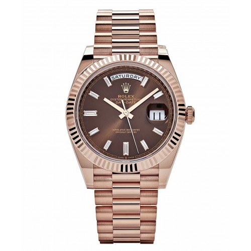 ROLEX DAYDATE 40 ROSE GOLD CHOCOLATE DIAL BAGUETTE DIAMOND INDEX (2025) - 228235