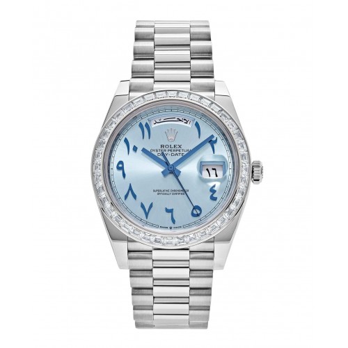 ROLEX DAYDATE 40 PLATINUM ICE BLUE ARABIC DIAL DIAMOND SET BEZEL (2022) - 228396TBR