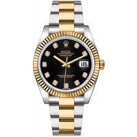 ROLEX DATEJUST 36 STEEL & YELLOW GOLD BLACK DIAL DIAMONDS INDEX FLUTED BEZEL OYSTER (2014) - 116233