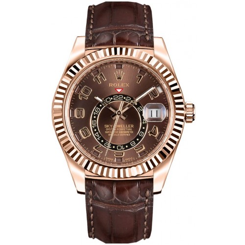 ROLEX SKY-DWELLER LEATHER STRAP ROSE GOLD CHOCOLATE DIAL - 326135