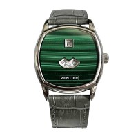 ZENTIER SAUTE GREEN MALACHITE STONE DIAL JUMP HOUR STAINLESS STEEL 36MM  