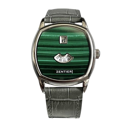 ZENTIER SAUTE GREEN MALACHITE STONE DIAL JUMP HOUR STAINLESS STEEL 36MM  